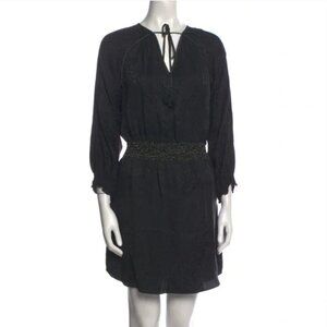 Rebecca Taylor Mini Leopard Print Dress Womens 6 Black V-Neck Long Sleeves Silk